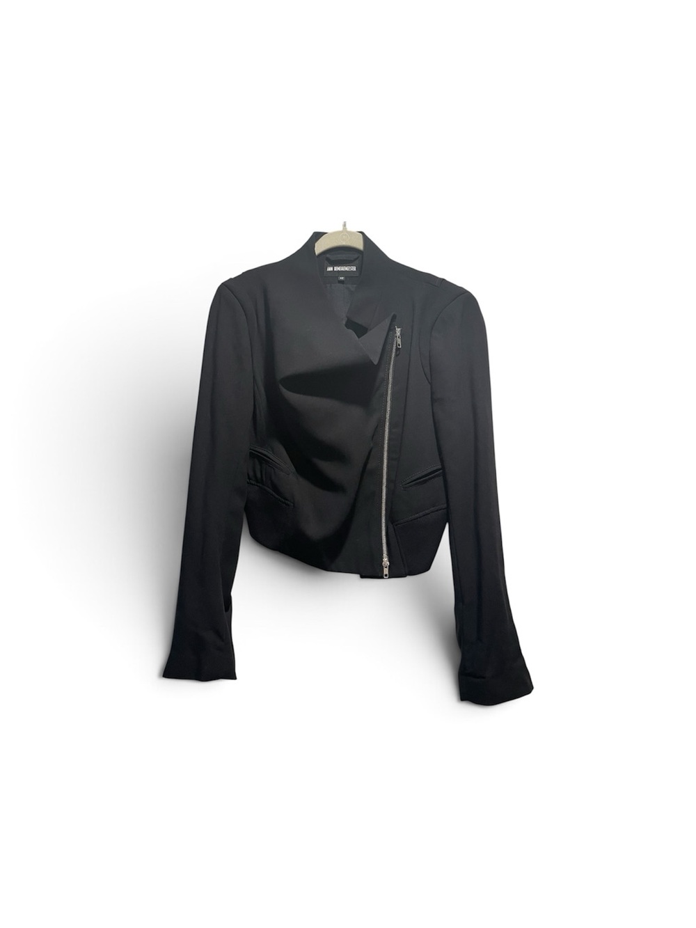 Ann Demeulemeester Black 💯Fleece Wool Asymmetric Zip Cropped Jacket